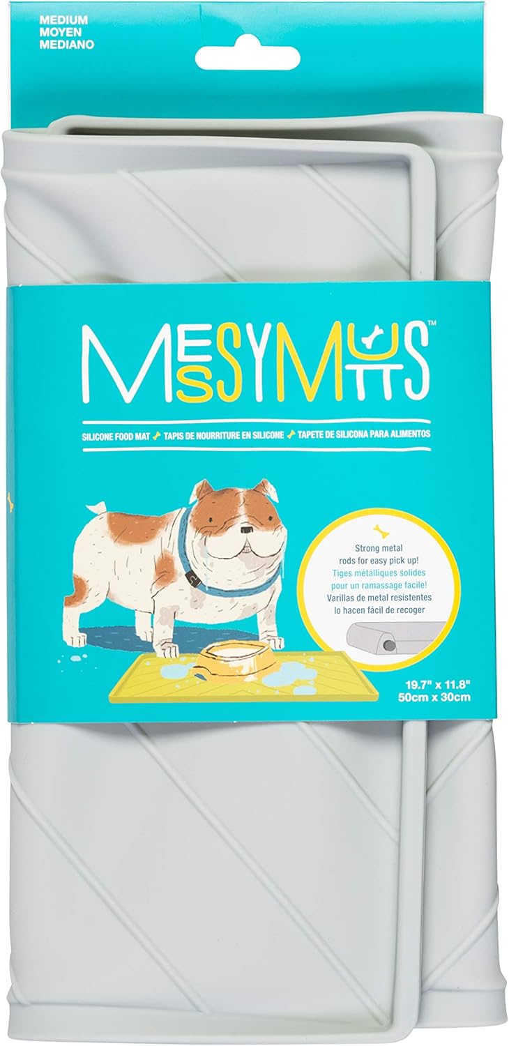 Messy Mutts Silicone Non-Slip Dog Bowl Mat with Raised Edge and Two Sides Reinforced with Metal Rods | Dog/Cat Bowl Mat with Spill-Proof Lip | Medium, 20” x 12” | Light Grey