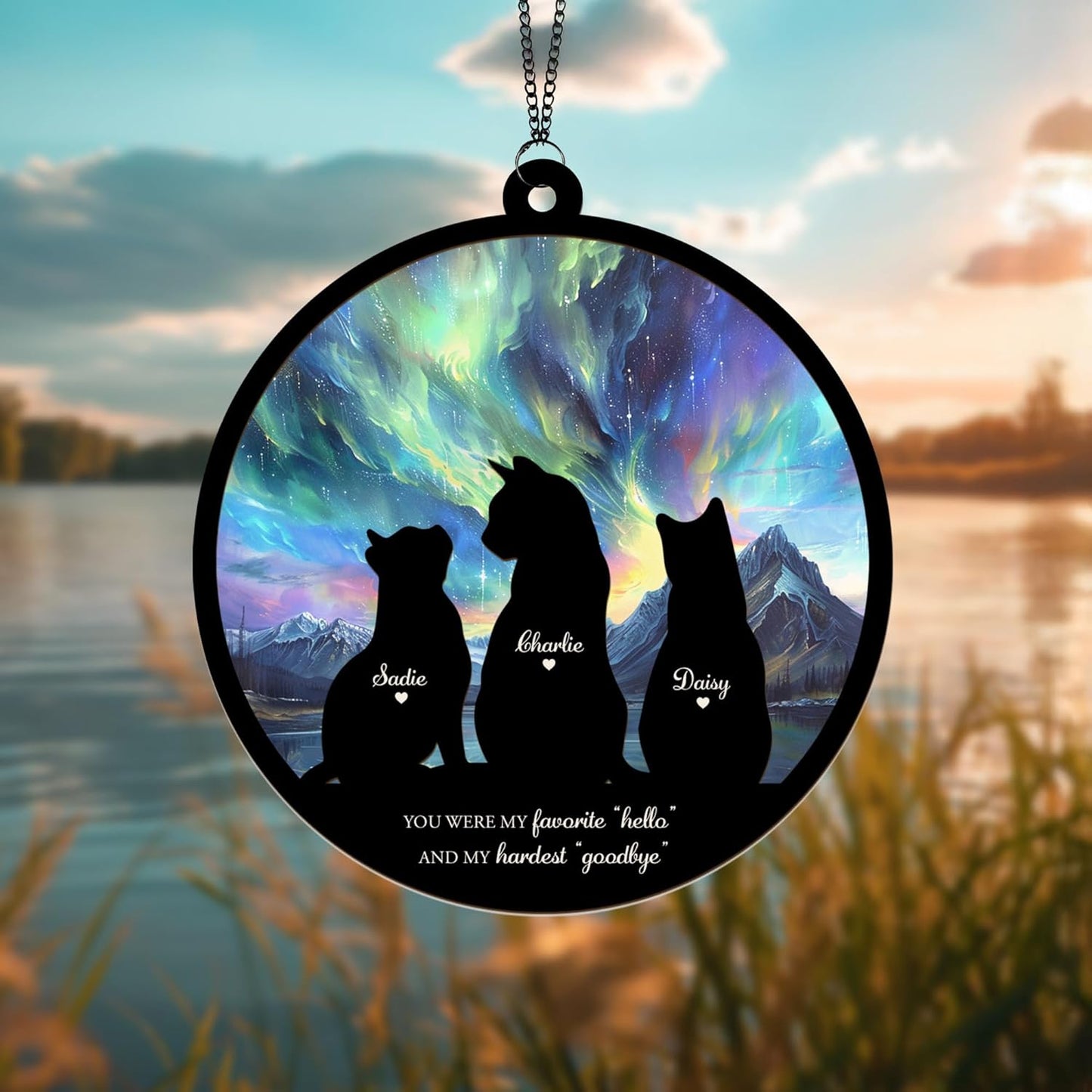 Personalized Cat Memorial Suncatcher – Custom Multiple Cats with Names, Breeds, and Background Options, Cat Loss Sympathy Gift, Pet Remembrance Keepsake, Gift for Cat Lovers