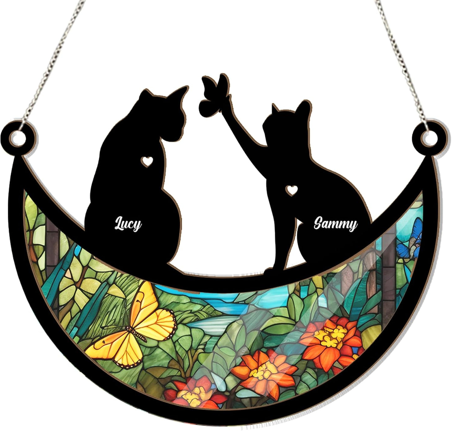 Personalized Couple Cat Suncatcher - Couple Pet On Moon Window Hanging, Loss of Pet Sympathy Gift, Furry Friends Keepsake, Engraved Cat Lovers, Remembrance Gifts