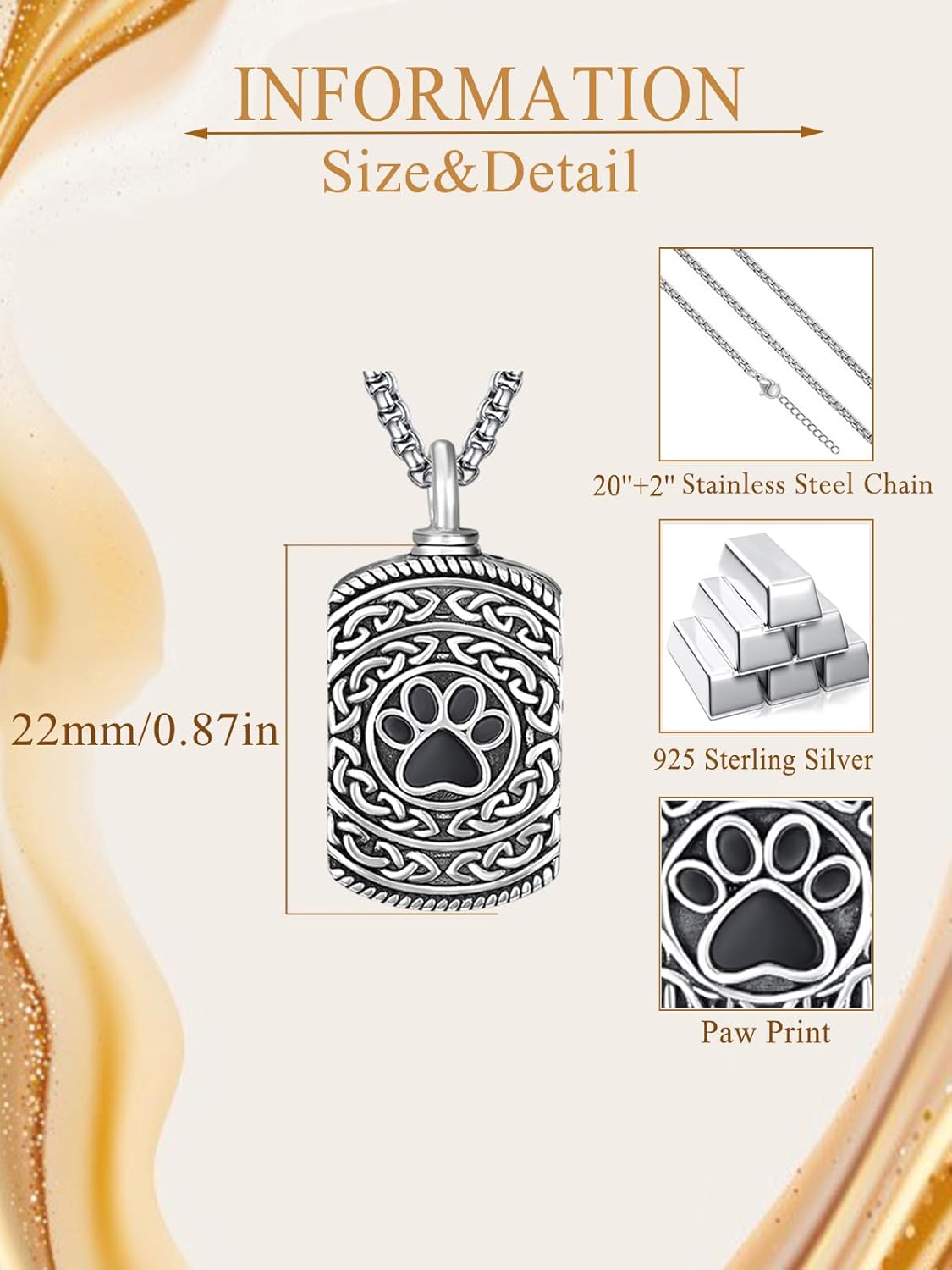 Pet Cremation Urn Necklace for Dog Cat Ashes 925 Sterling Silver Paw Print Keepsake Pendant Celtic Knot Memorial Jewelry for Women Men
