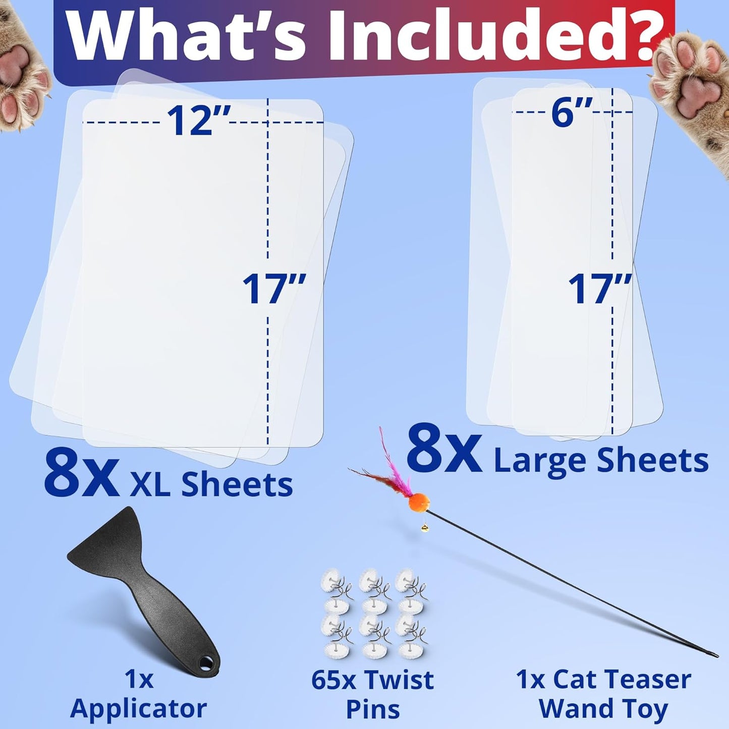 Anti Cat Scratch Furniture Protector and Couch Corner Guard, Clear Deterrent Tape, Pet-Safe, Residue-Free, Durable for Cats on Leather & Fabric, 16 XL Sheets with 65 Pins & Toy