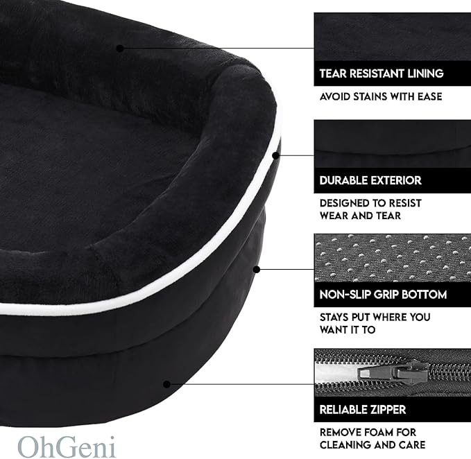 OhGeni Orthopedic Dog Couch Pet Sofa Medium Sized Cat Beds with Comfort Foam Support, Soft Comfortable Fabric, Machine Washable Waterproof Removable Cover, 28-Inch (Black)