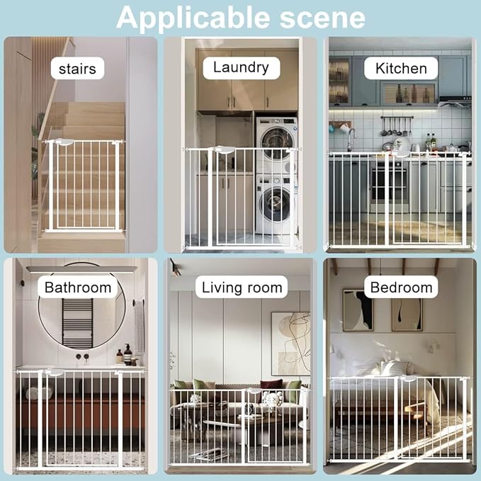 WAOWAO Triple Lock Baby Gate Extra Wide 53.93-57.87" Pressure Mounted Walk Through Swing Auto Close Safety White Metal Dog Pet Puppy Cat for Stairs,Doorways,Kitchen