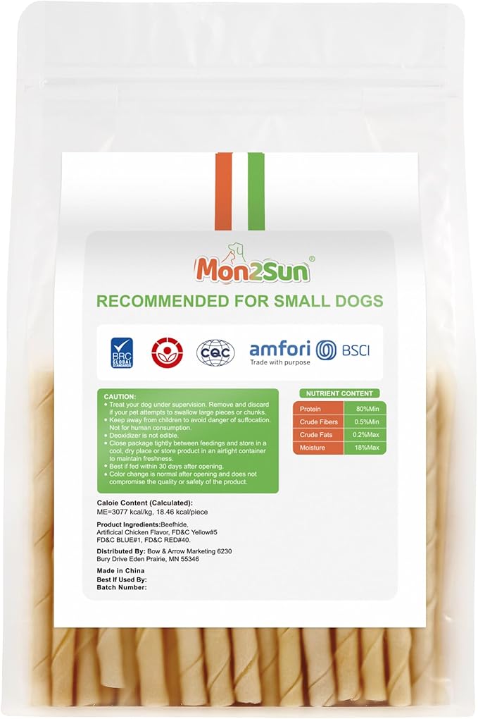 MON2SUN Dog Rawhide Twist Sticks Chicken Flavor 5 Inch Thin Sticks Rawhide Chews Treats for Puppy and Small Dogs 60 Count