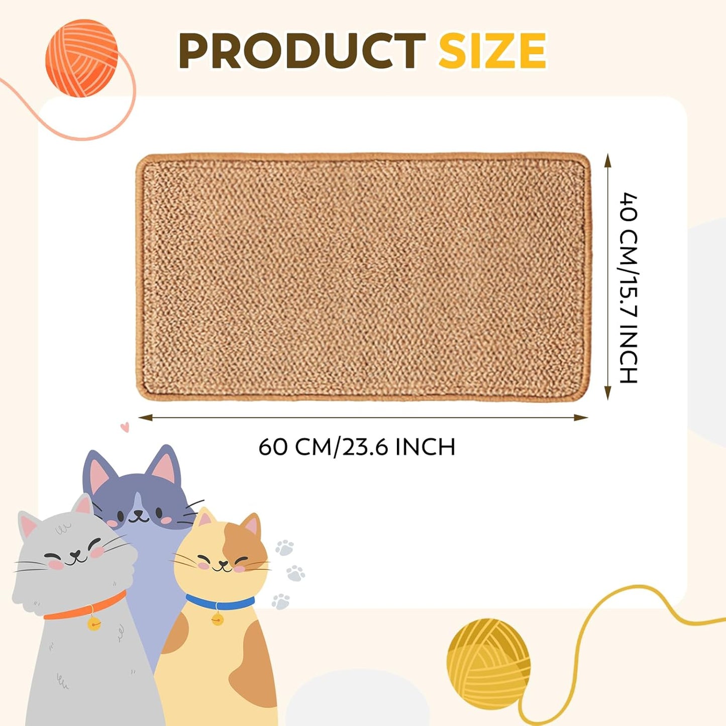 Cat Scratcher Mat with Sticky Tapes, 23.6" x 15.7" Sisal Cat Scratching Carpet for Indoor Cats, Horizontal Cat Scratcher for Cat House, Scratching Posts, and Couch Protection(Camel)