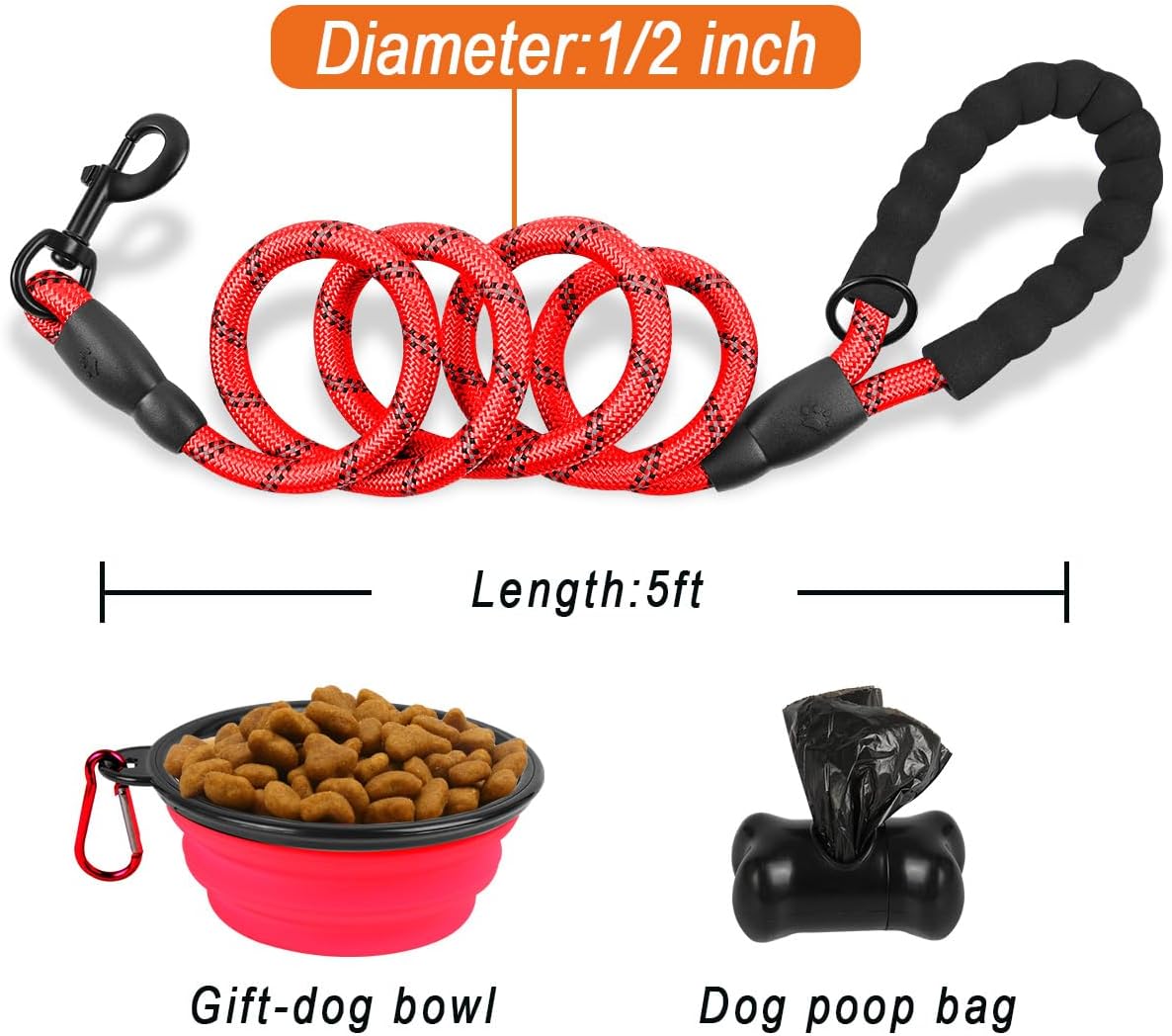 BARKBAY Dog Leashes for Large Dogs Heavy Duty Dog Leash 4/5/6 FT with Comfortable Padded Handle and Highly Reflective Threads for Medium Large Dogs Walking Training Running (5FT-1/2'',Red