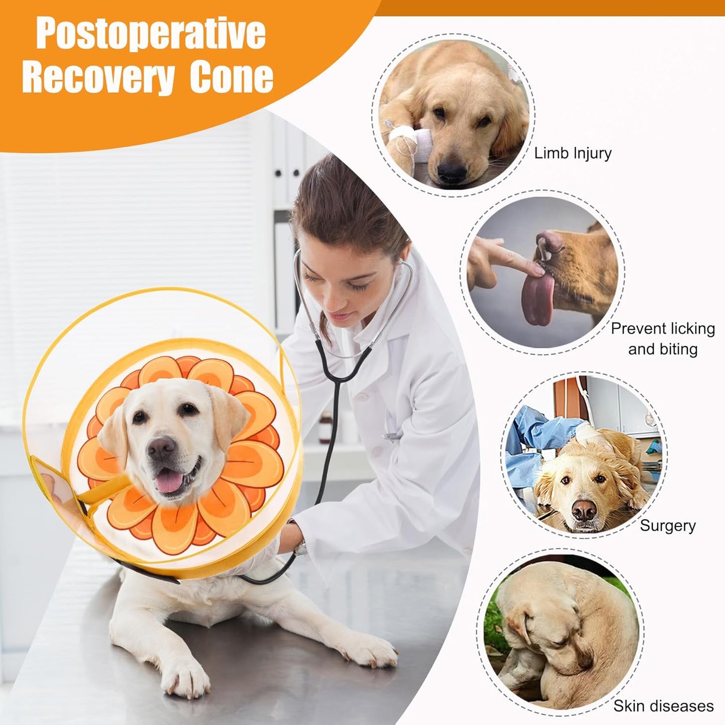 Inflatable Dog Cone Collar with Enhanced Anti-Licking, Soft Neck Donut for Dogs Cats, Recovery Pet Cone Collar After Surgery for Large Medium Small Dogs (Yellow Flower, Medium+)