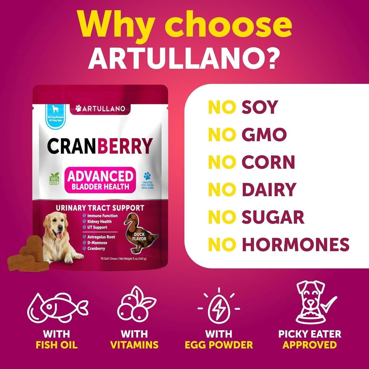 Dog UTI Treatment - Cranberry Supplement & Bladder Control for Dogs - Urinary Tract Infection Incontinence Pill, Bladder Stones - UTI Medicine Treats - 70 Soft Chews for Kidney Support with Fish Oil