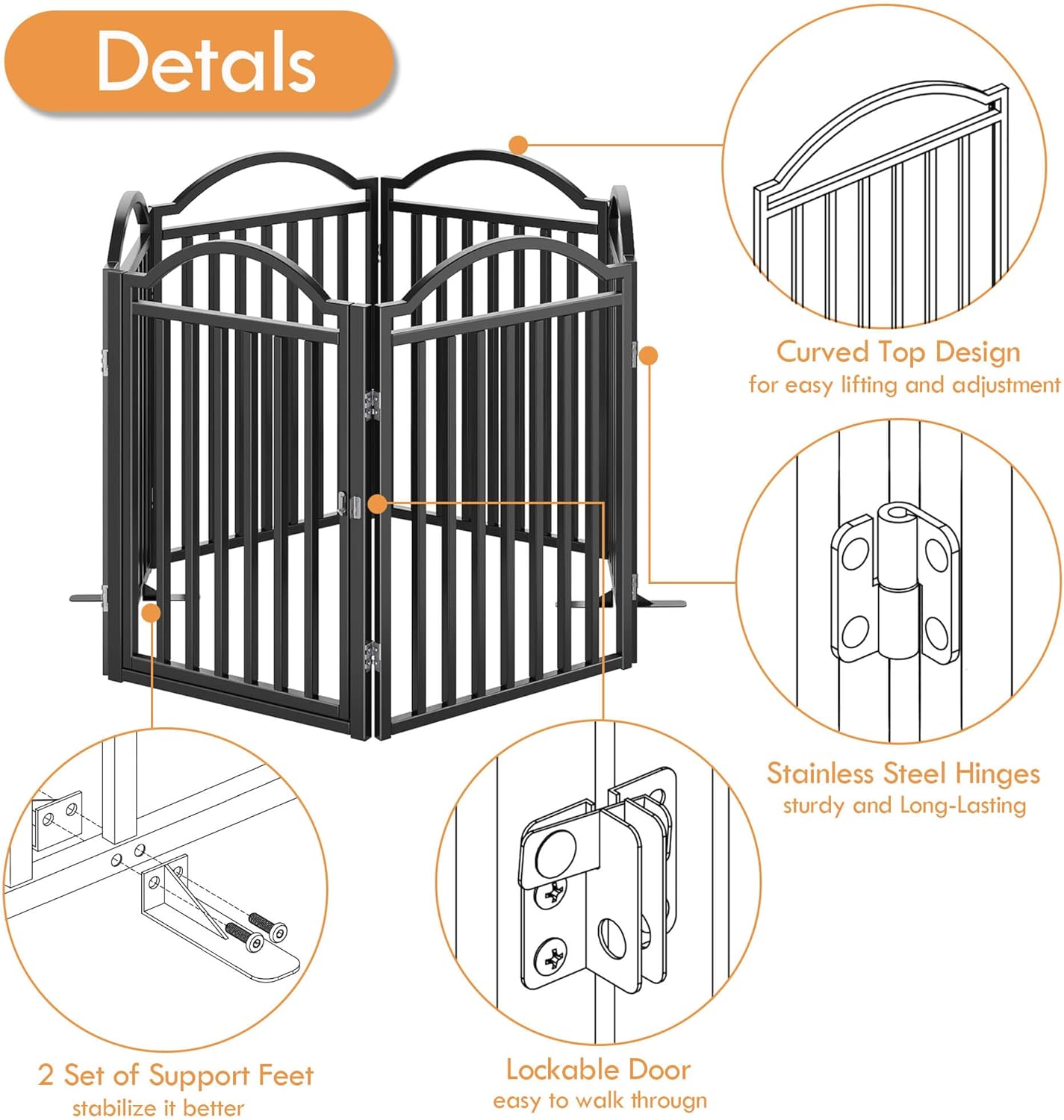 UDD Dog Gate Indoor 144" Extra Wide, 32" Tall Foldable Pet Gate with Door for Stairs Doorways Hallways Porch, Freestanding No Drilling Metal Pet Fence for Dogs Puppy, Black 6-Panel