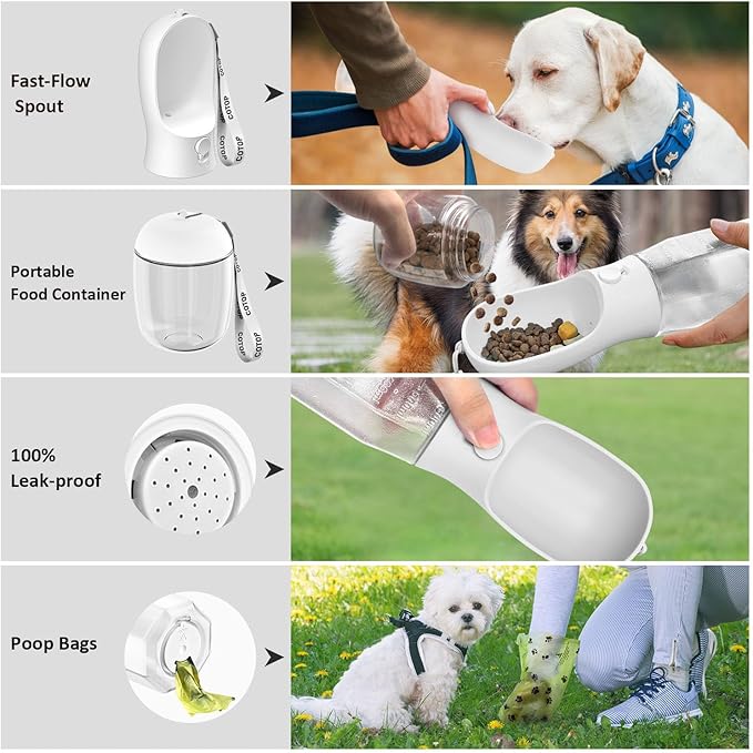 20oz Dog Water Bottle with Food Container & Poop Bag Dispenser | Leak-Proof Portable Pet Water Dispenser with Carabiner Clip | for Walking, Hiking, Travel (White, 20oz)