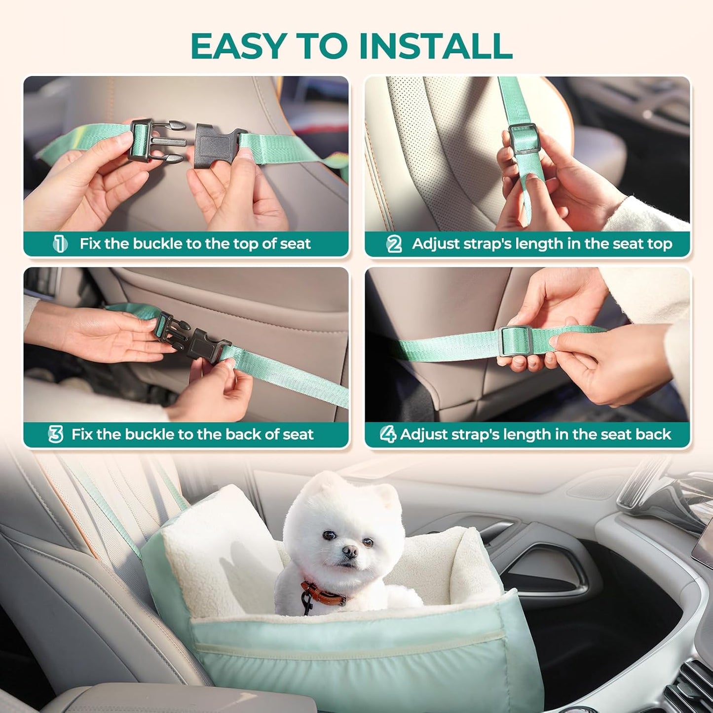 BurgeonNest Dog Car Seat for Small Dogs, Detachable and Washable Cat Carseats Under 25 lbs, Soft Pet Booster Seats with Storage Pockets and Clip-On Leash Portable Car Travel Carrier Bed, Beige Green