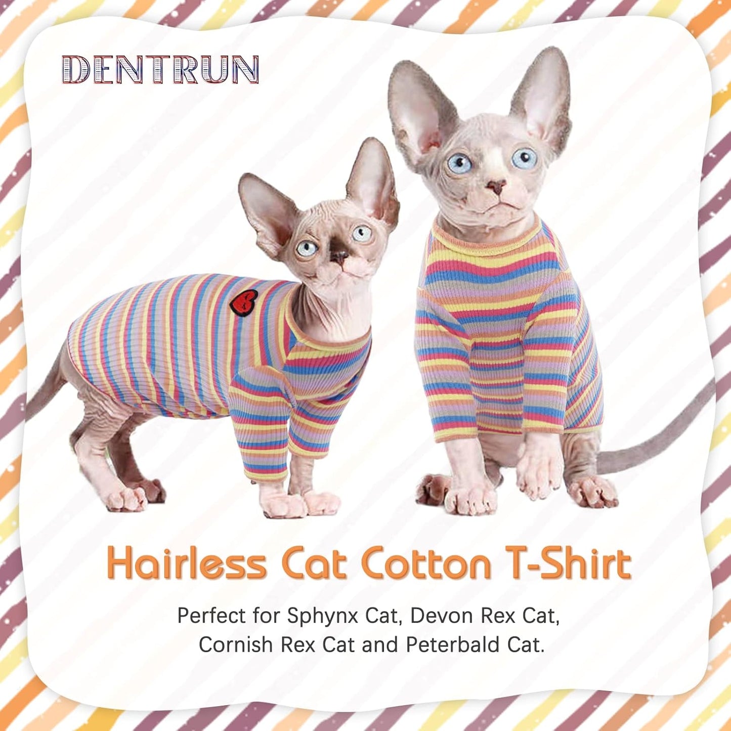 DENTRUN Hairless Cats Shirt Breathable Cat Daily Wear Clothes Stripe Vest Adorable Pajamas Jumpsuit Soft & Skin-Friendly