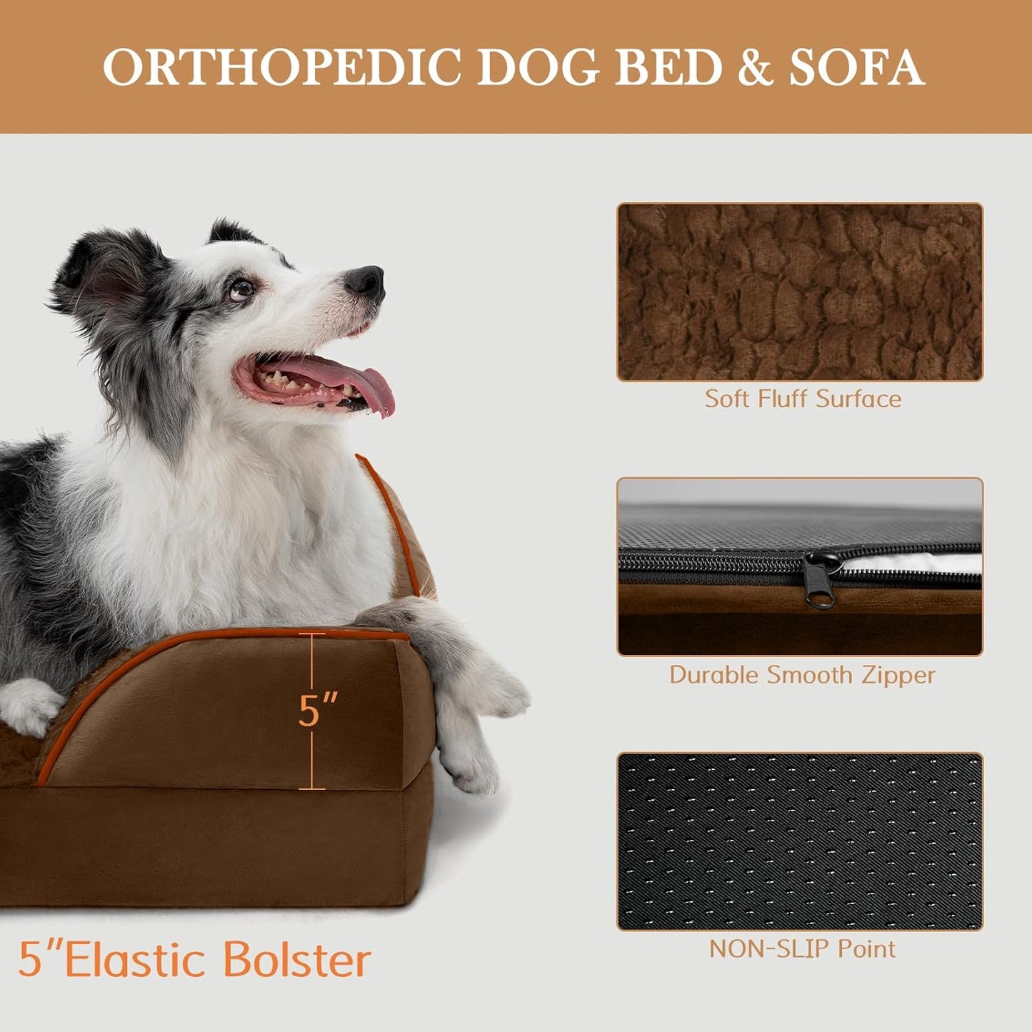 Comfort Expression Orthopedic Dog Bed for Large Dogs 36x27 Inch, Waterproof Supportive Egg Crate Foam Large Pet Bed with Removable Bolsters, Dog Couch with Washable Cover & Non-Slip Bottom, Dark Brown
