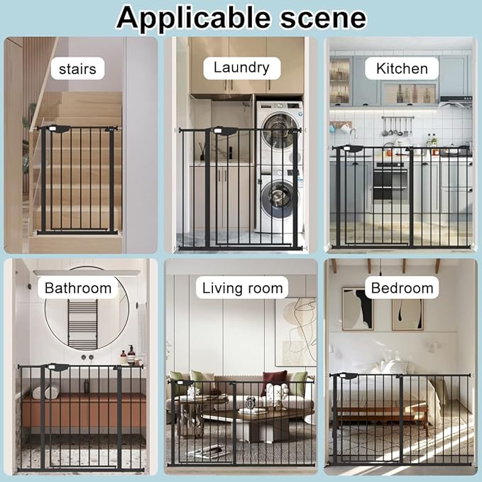 WAOWAO Triple Lock Baby Gate Extra Wide 86.22-90.55" Pressure Mounted Walk Through Swing Auto Close Safety Black Metal Dog Pet Puppy Cat for Stairs,Doorways,Kitchen