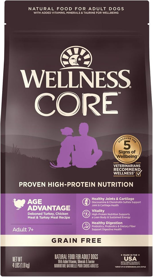 Wellness CORE Senior Dry Dog Food, Grain-Free, High Protein, Natural, Age Advantage Turkey & Chicken Recipe, (4-Pound Bag)