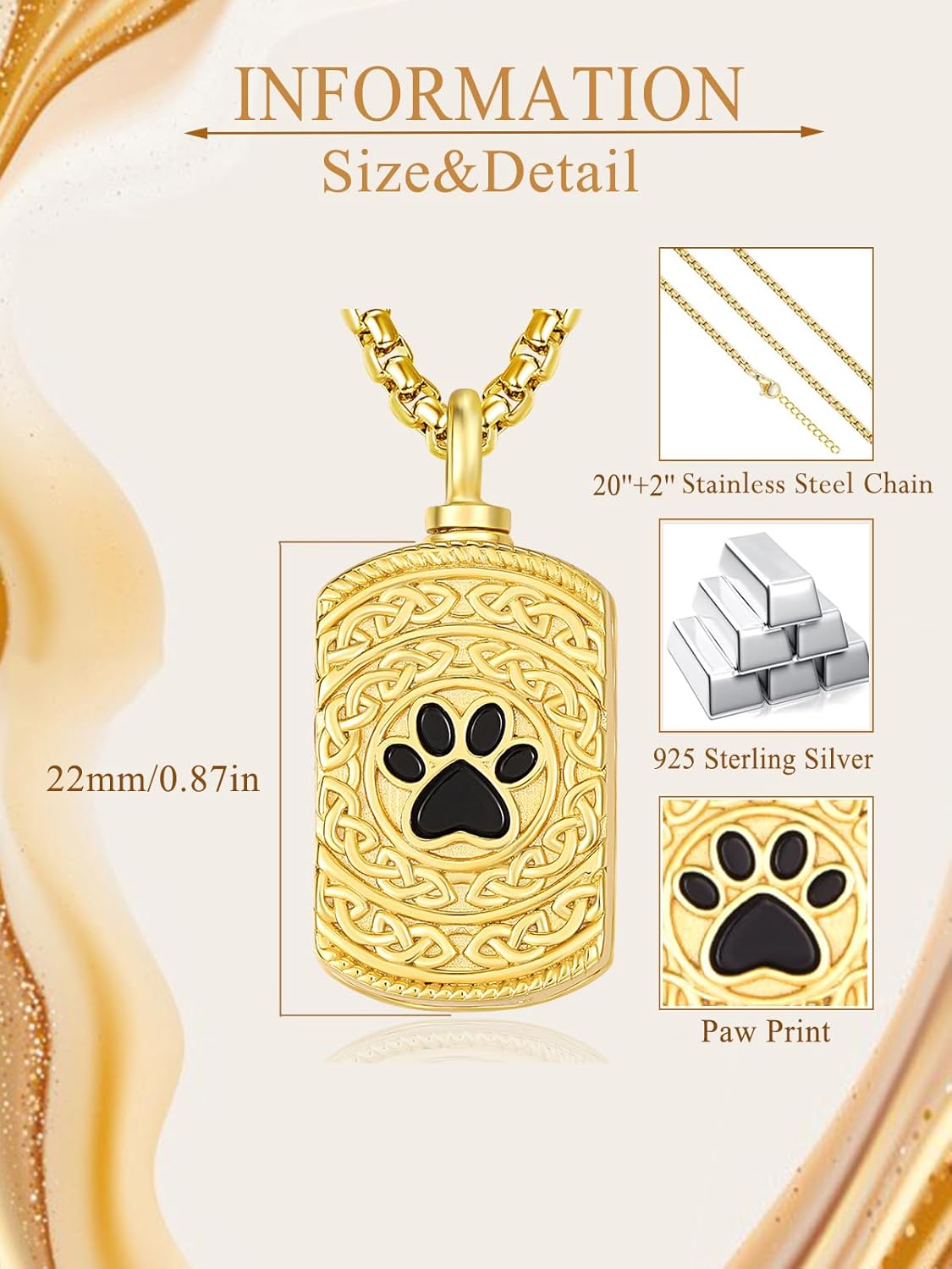 Pet Cremation Urn Necklace for Dog Cat Ashes 925 Sterling Silver Paw Print Keepsake Pendant Celtic Knot Memorial Jewelry for Women Men