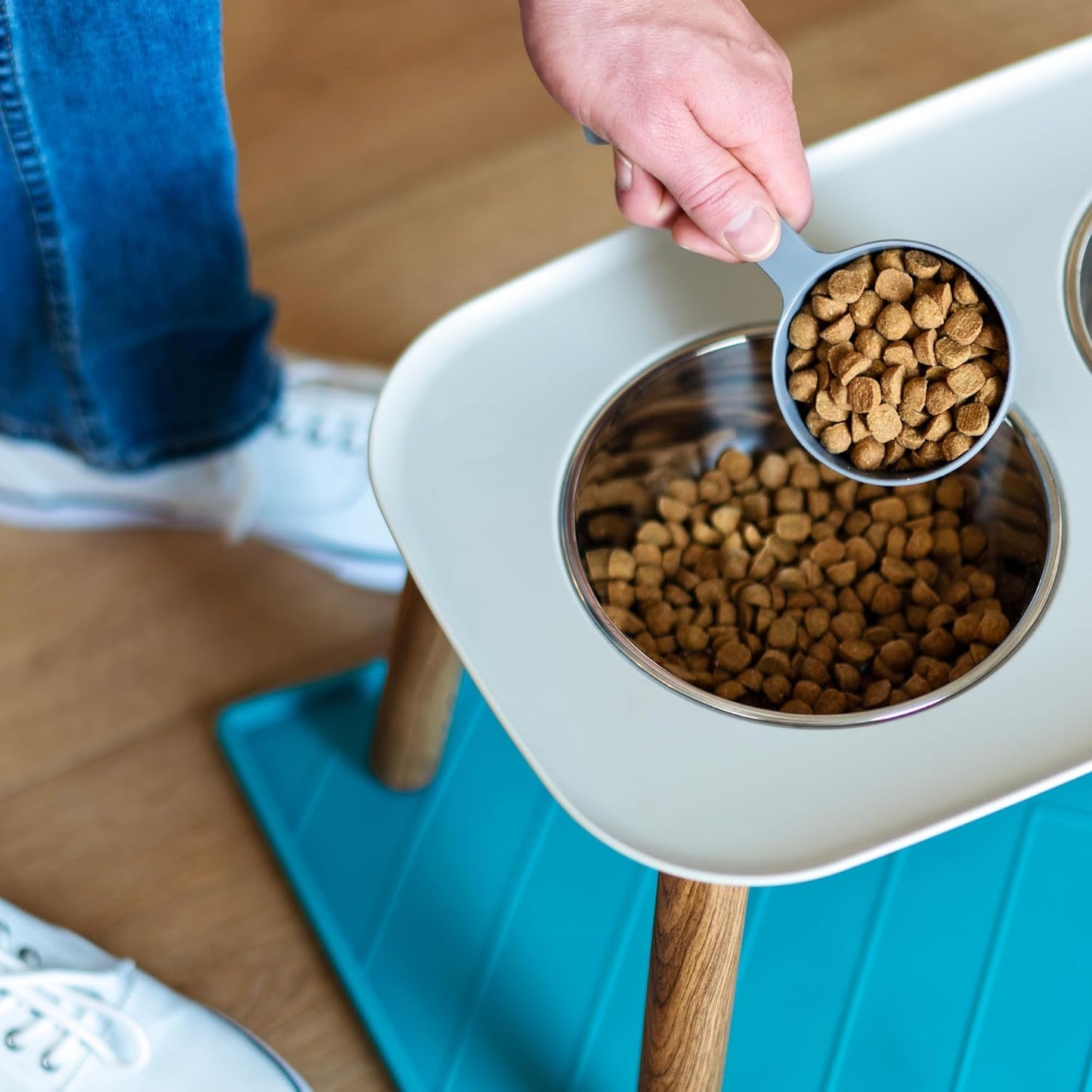Messy Mutts Silicone Non-Slip Dog Bowl Mat with Raised Edge and Two Sides Reinforced with Metal Rods | Dog/Cat Bowl Mat with Spill-Proof Lip | Medium, 20” x 12” | Blue