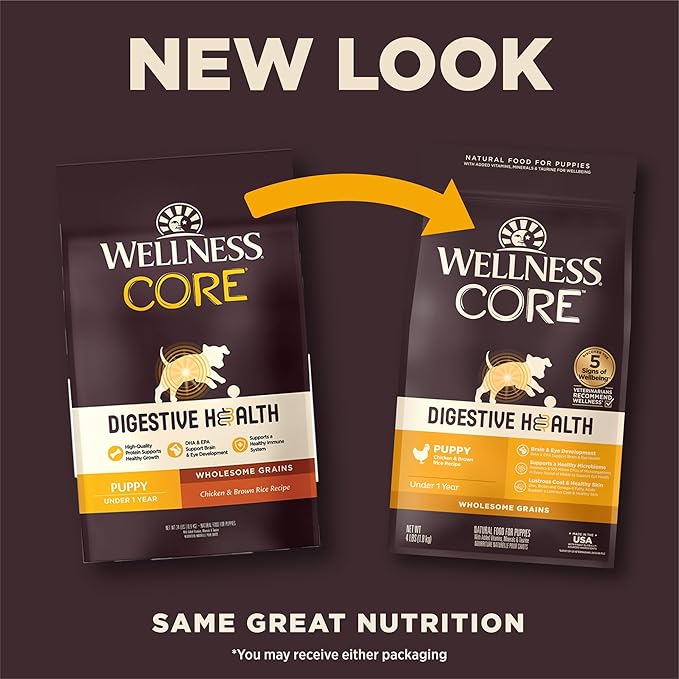 Wellness CORE Digestive Health Puppy Dry Dog Food, Wholesome Grains, Natural, Recipe for Dogs with Sensitive Stomachs, Recipe, (4-Pound Bag)