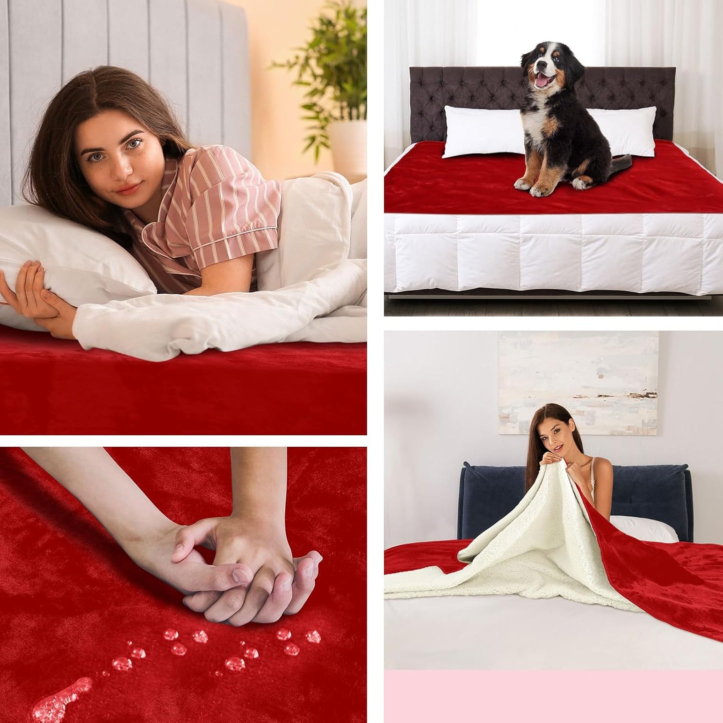 Love Red Waterproof Bed Blanket, Twin Size 80'' x 60'' Double Side Leakproof Reversible Sherpa Flannel Fleece 3 Layer Lightweight Blanket, Absorbs 50oz