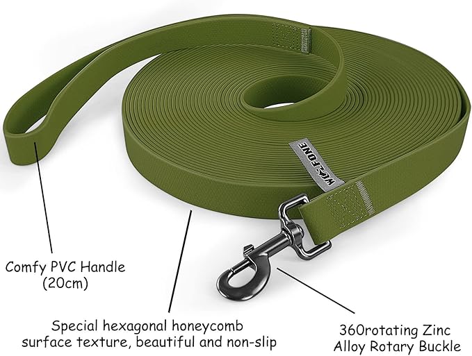 Wolfone 6m Dark Green Heavy Duty Robust Training Dog Leash with Anti-Slip Handle,Waterproof Long Dog Leash for Outdoor Activities