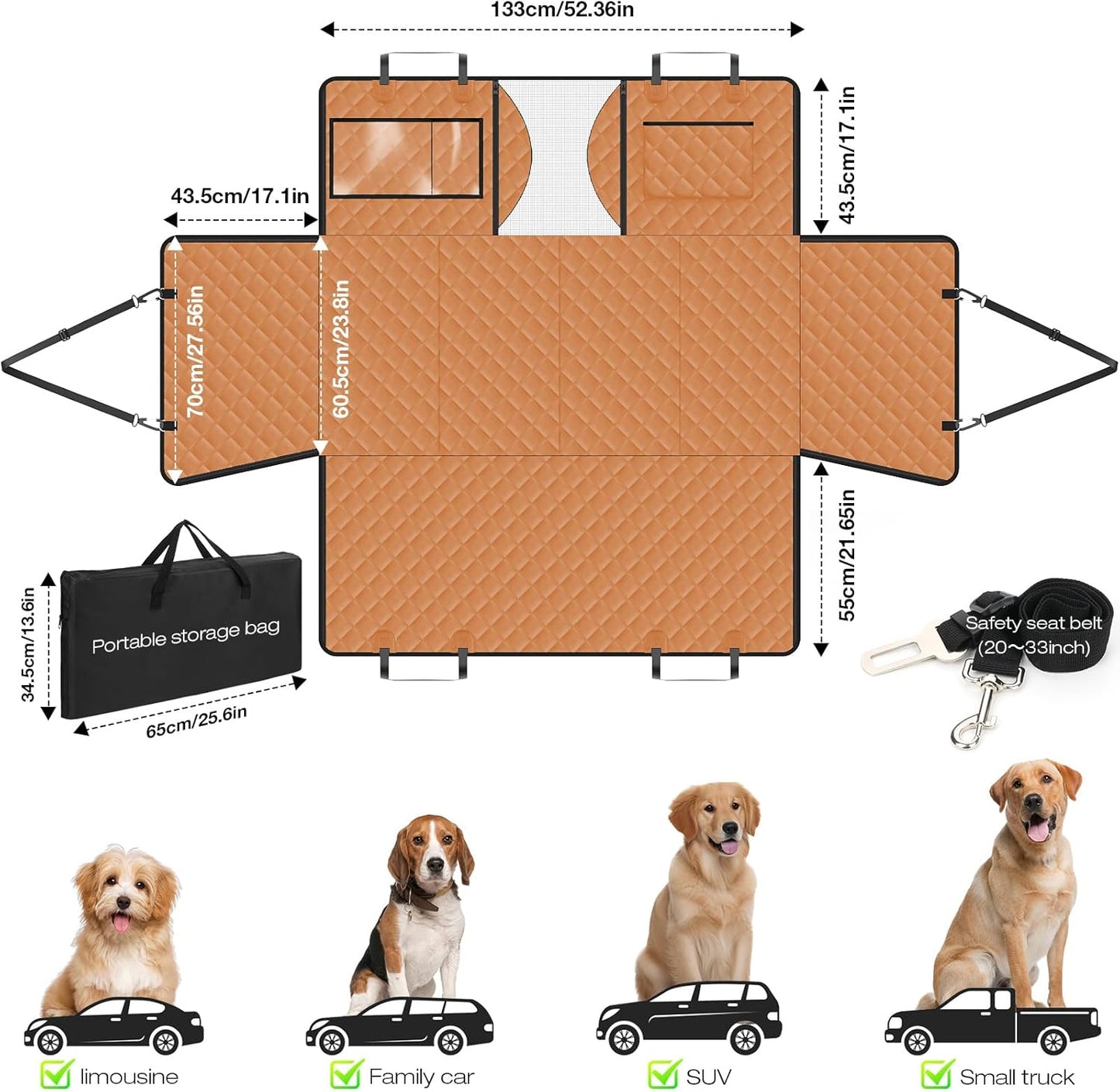 AsFrost PU Leather Dog Seat Cover for Back Seat Extender-Upgraded Hard Bottom Back Seat Pet Cover for Dogs, Anti-Scratch Nonslip Waterproof Dog Hammock Bed for Car Mid-Size SUV Small Truck-Orange