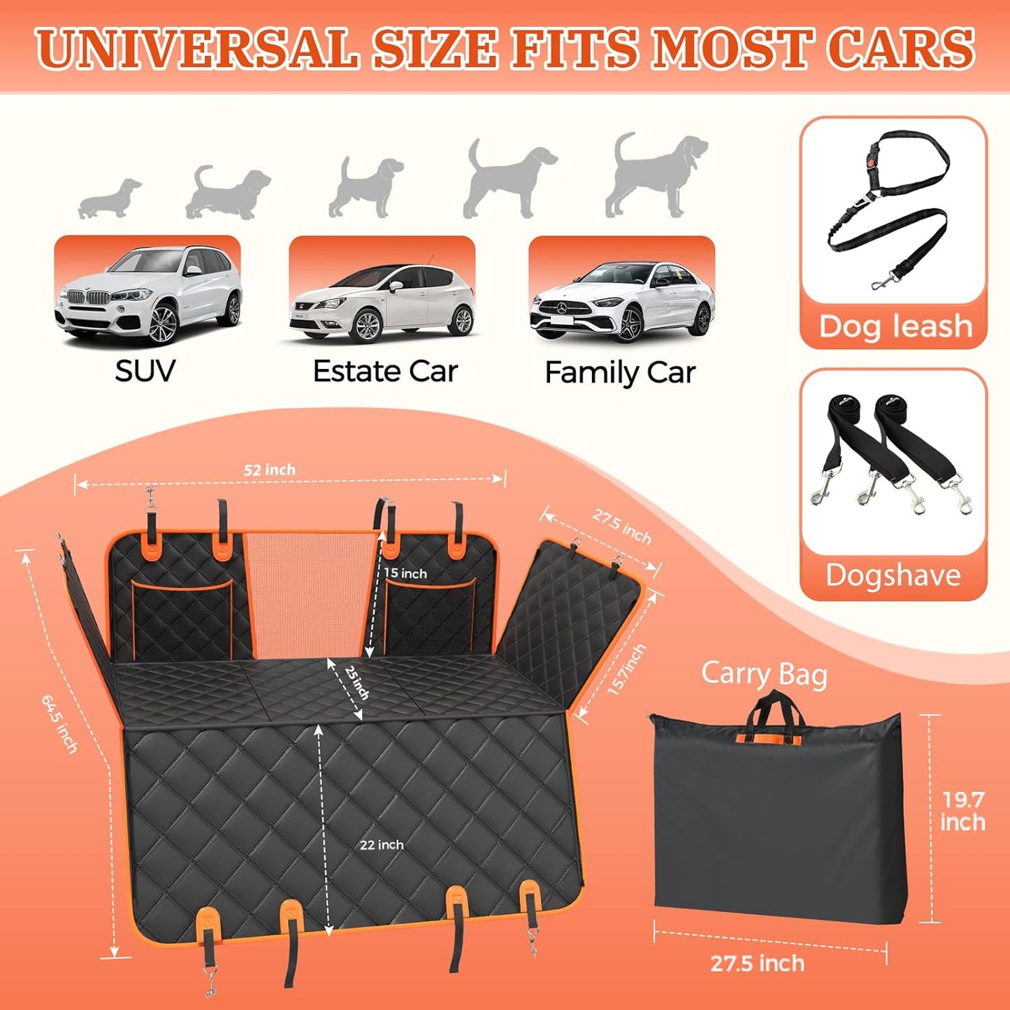 Dog Car Seat Cover for Back Seat,Hammock Seat Covers,Back Seat Extender for Dogs, Back Seat Pet Cover for Dogs Hard Bottom Holds 500lbs,Large Space Sturdy Waterproof Dog Seat Cover for Car, SUV, Truck