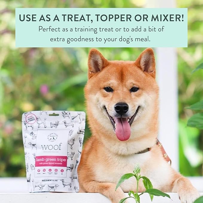 WOOF Lamb Green Tripe Freeze Dried Raw Dog Treats with Added New Zealand Green Mussel - High Protein, Natural, Limited Ingredient Topper or Treat 1.76 oz
