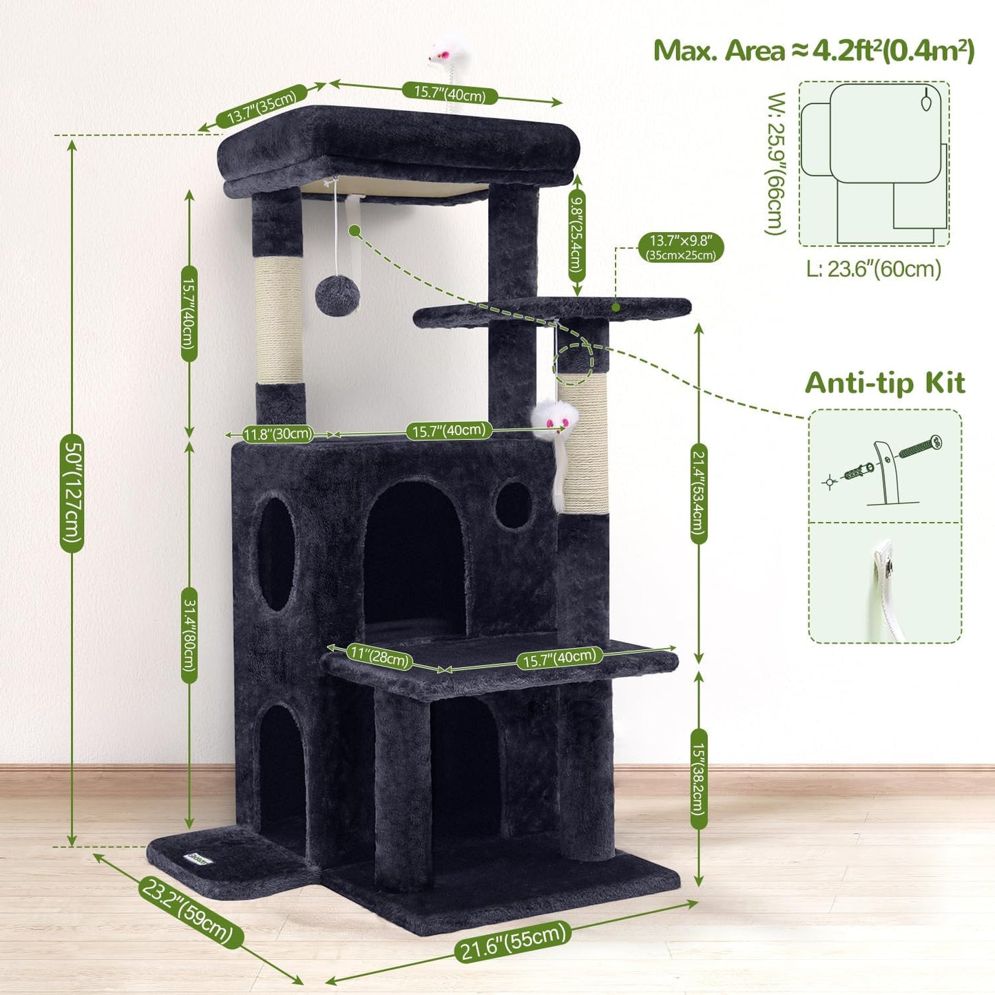 Globlazer Cat Tree Tower for Indoor Cats, 50-inch Adult Cat Tree House for Large Adult Cats with Steps, Scratching Post, 2 Cat Caves, Dangling Toys, FC50, Dark Grey