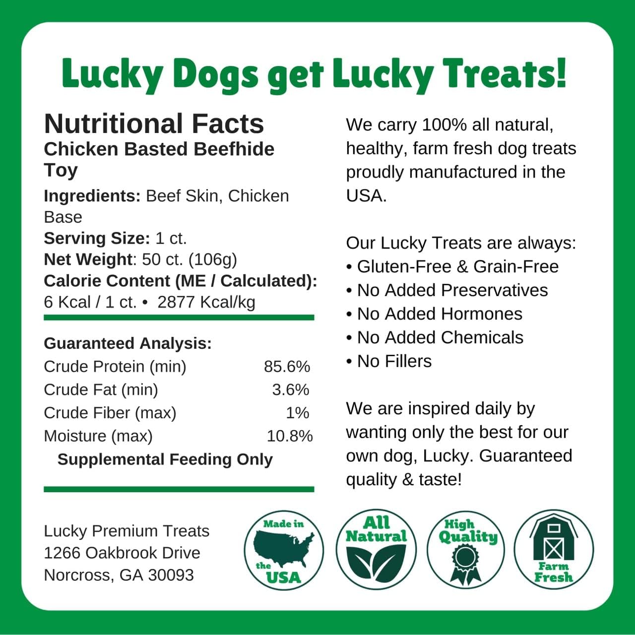 Lucky Premium Treats Chicken Basted Rawhide – All-Natural Rawhide and Beef Dog Treats for Extra Small Dogs, Gluten Free Premium Toy Breed Dog Treats (50 Chews)