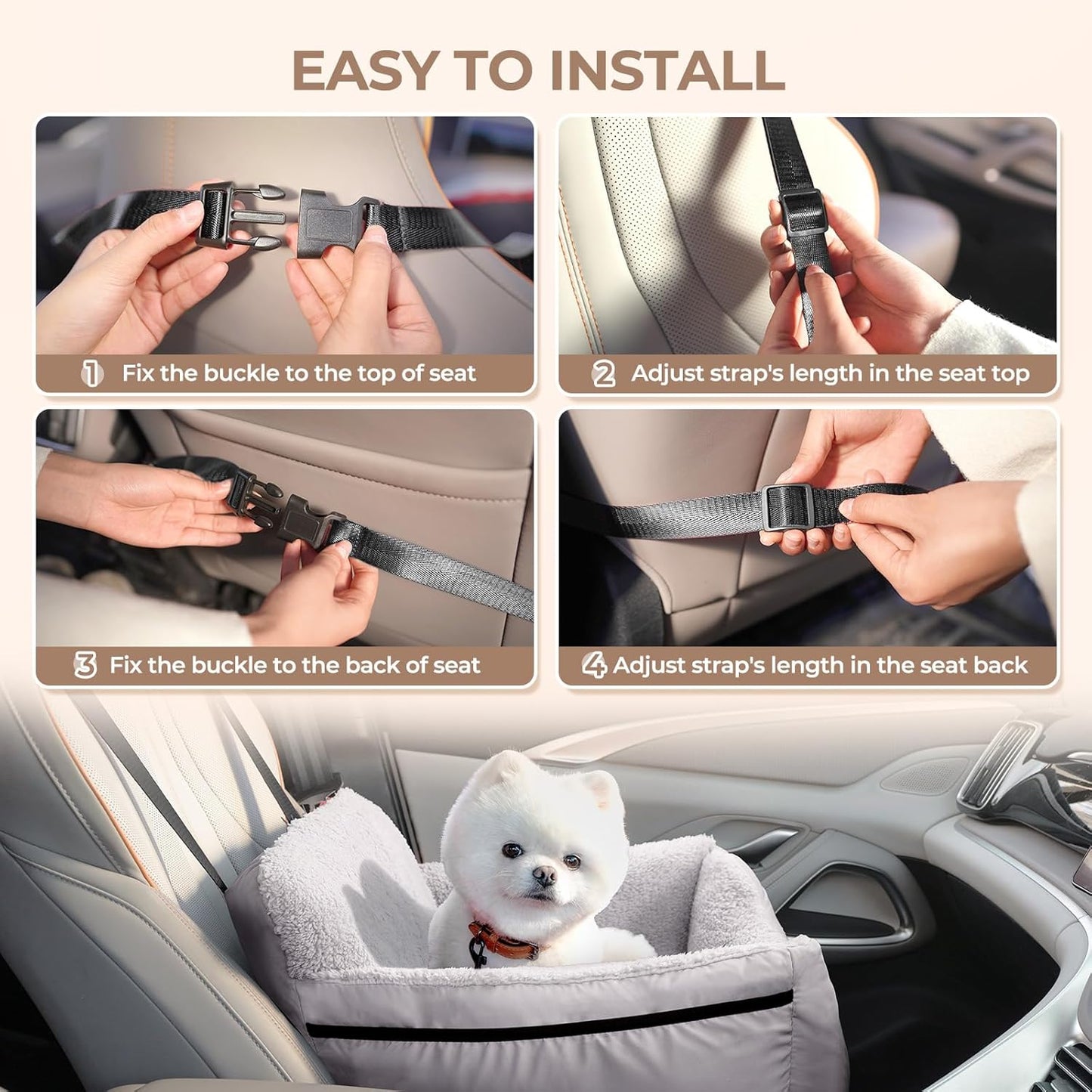 BurgeonNest Dog Car Seat for Small Dogs, Detachable and Washable Cat Carseats Under 25 lbs, Soft Pet Booster Seats with Storage Pockets and Clip-On Leash Portable Car Travel Carrier Bed, Black Grey