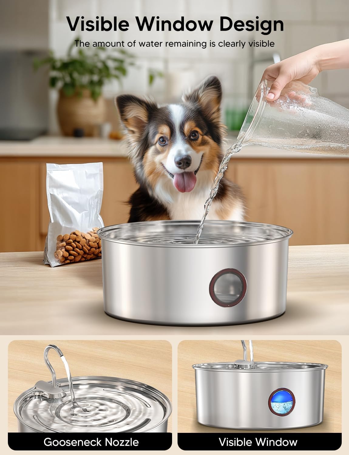 Dog Water Fountain for Large Dogs- 8L/270oz Stainless Steel Dog Fountain Dispenser Automatic Pet Water Bowl with Ultra-Quiet Pump/Quadruple Filtration for Large Pups Cats & Multi-Pet