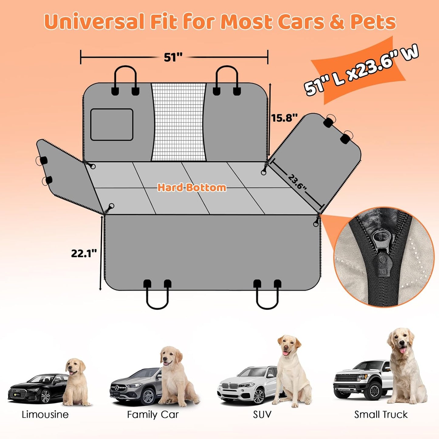 URPOWER Hard Bottom Dog Seat Cover with Mesh Window Waterproof Bench Dog Car Seat Cover for Back Seat Nonslip Pet Rear Seat Protector for Fur & Mud, Washable Dogs Hammock for Cars Trucks and SUV