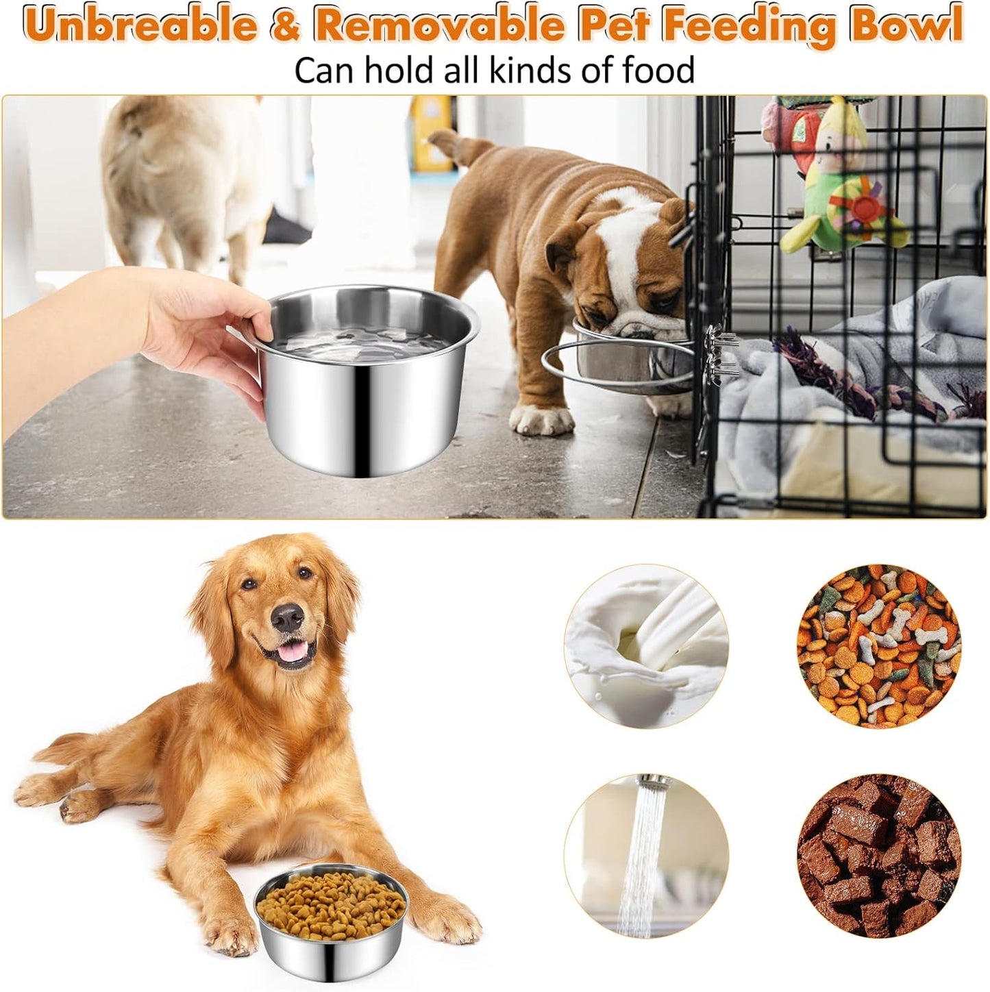 Dog Crate Water Bowl, 3 pcs Stainless Steel Dog Bowls, Durable Anti-Spill Pet Metal Bowl for Cage Kennel Crate, Hanging Water/Food Bowl for Medium & Large Dogs (7.1x3.5'' & 6.3x2.6'' & 5.5x3.1'')