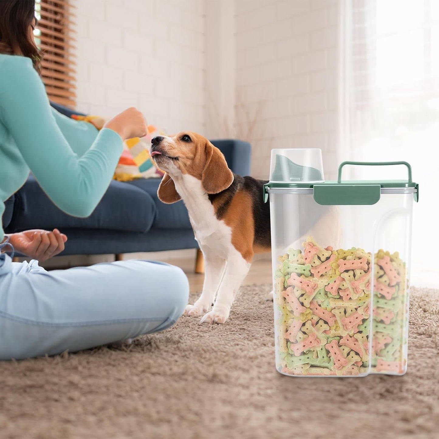 Dog Food Storage Container, Upgraded Large Nozzle BPA-free, 3-5 LBS Plastic Pet Food Storage Containers, With 4 Sealed Clasps, 1 Measuring Cup and Handle (Green+Dark Green)