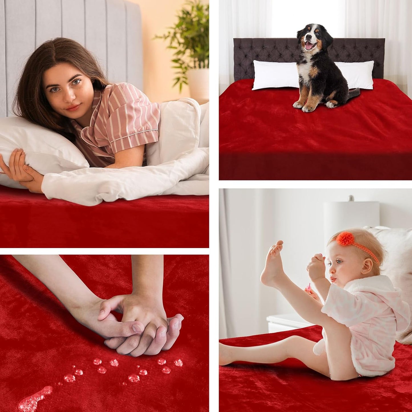 Love Red Waterproof Bed Blanket, Queen Size 80'' x 80'' Double Side Leakproof Reversible Sherpa Flannel Fleece 3 Layer Lightweight Blanket, Absorbs 70oz