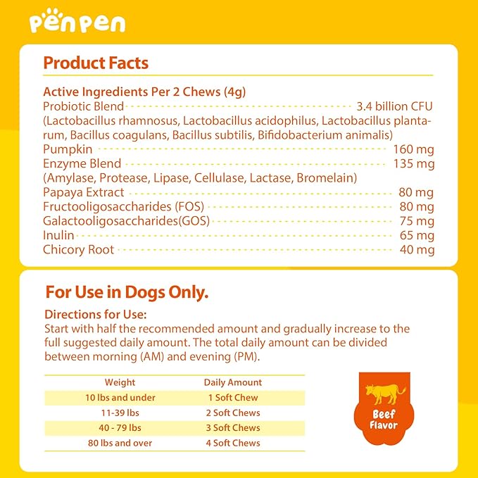 Penpen Probiotics for Dogs, Dogs Probiotics for Digestive Health, Multi-Probiotic and Enzyme Blend Promote Gut Health & Immune Support, Eases Sensitive Stomachs (Beef Chews, 50ct)