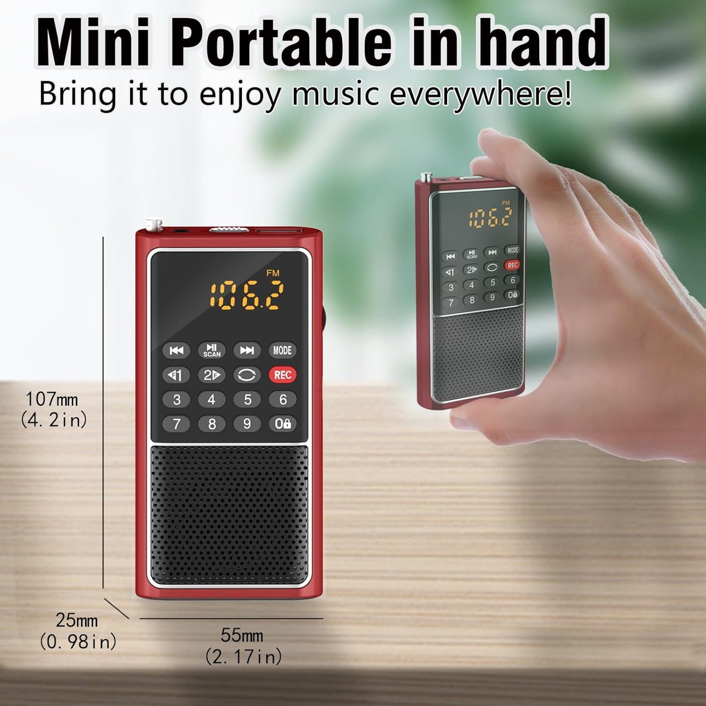 Small FM Radio Pocket Portable Radio,Rechargeable Battery Operated,USB/Micro SD Card/TF Card Slot Mp3 Player,Numeric Key, with Recorder,Excellent Reception and Sound,Suitable for Home & Outdoor Use