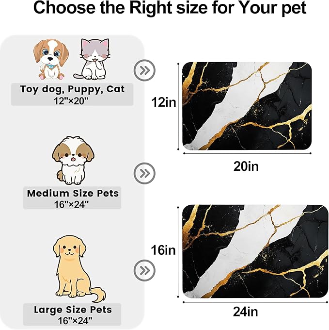 Black Gold Marble Dog Cat Food Mat-Absorbent Placemat for Food and Water Bowl, Waterproof Non Slip Rubber Backing Dog Food Mats for Floors, Pet Supplies 12 * 20 inch