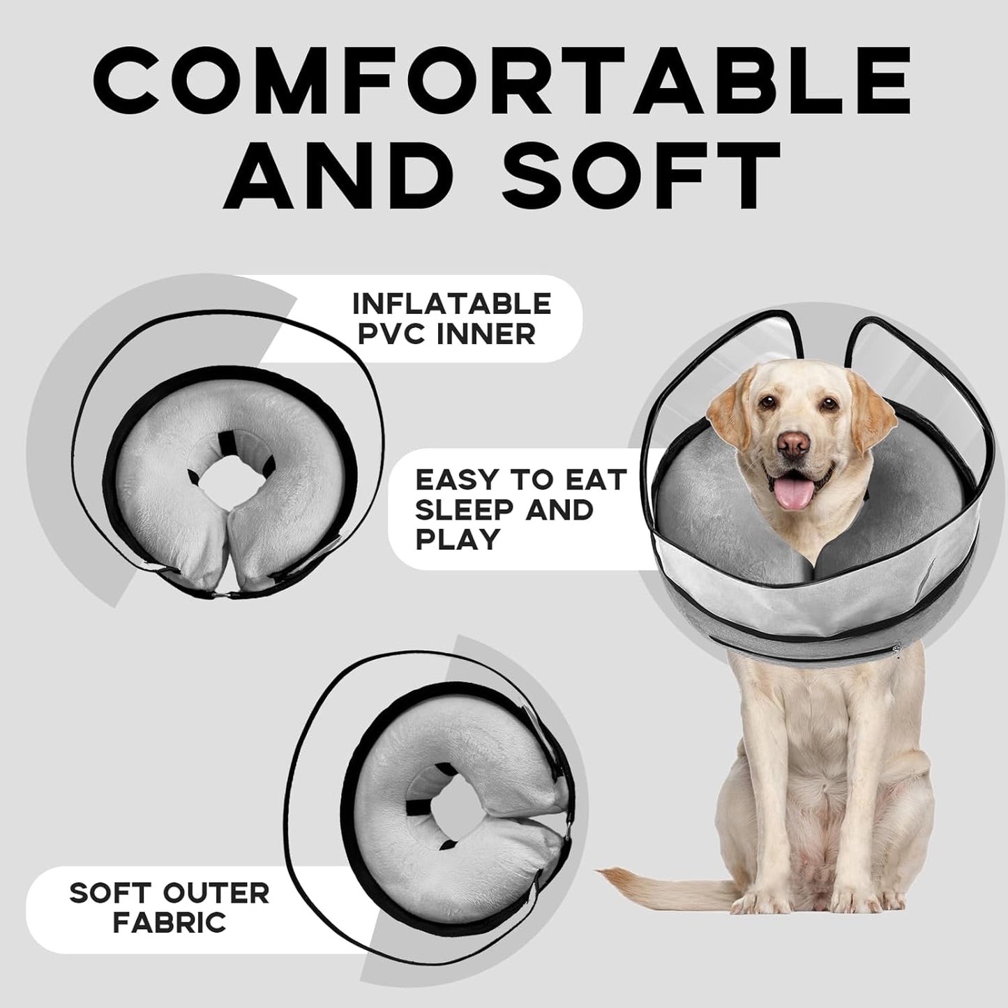 Inflatable Dog Cone Collar-Enhanced Anti-Licking Protective Cone with Adjustable Strap-Soft Dog Donut Collar Recovery Cone for Pets After Surgery(Grey, L)
