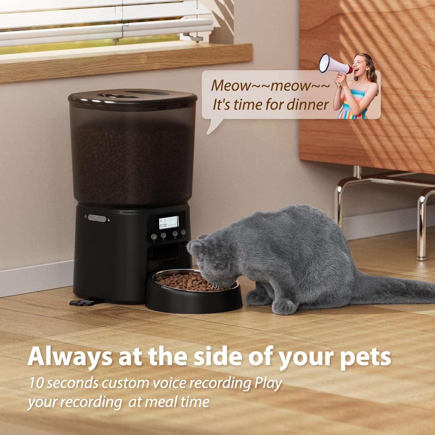 Automatic Cat Feeder, 4L Timed Dry Food Dispenser with Stainless Steel Bowl, Pet Food Feeder for Cats & Small Dogs, Programmable for 6 Meals & 30 Portions Per Day, 10S Voice Record, Dual Power, Black