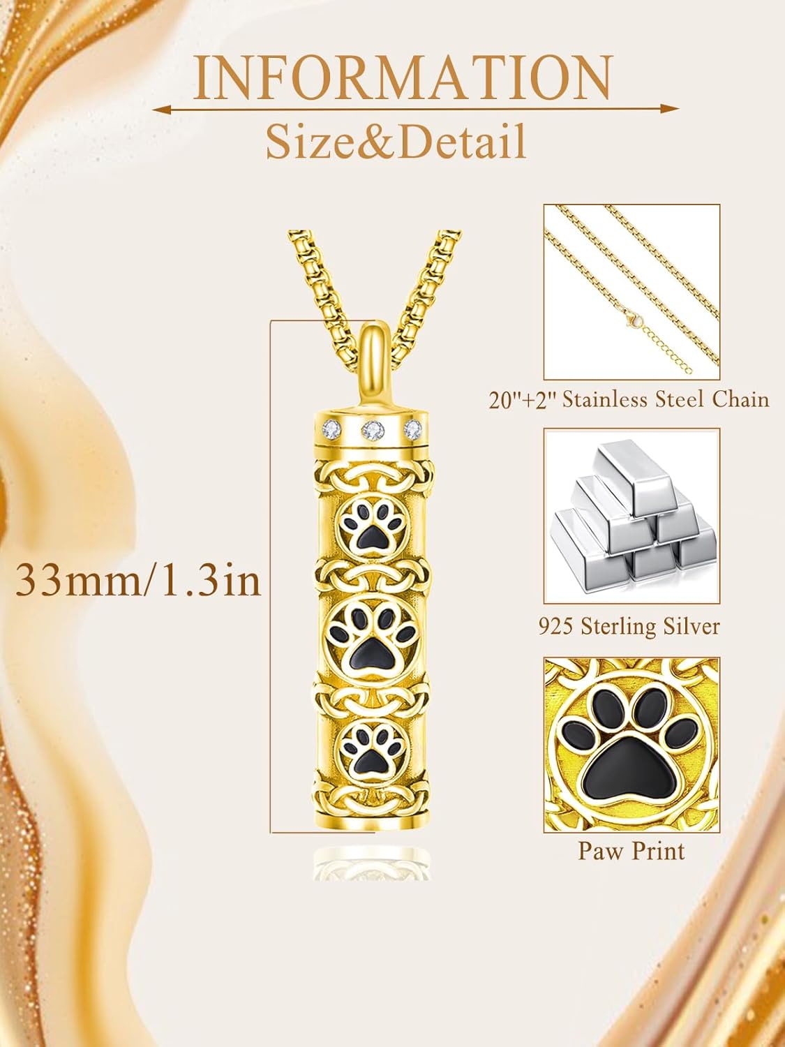 Pet Cremation Urn Necklace for Dog Cat Ashes 925 Sterling Silver Paw Print Keepsake Pendant Celtic Knot Memorial Jewelry for Women Men