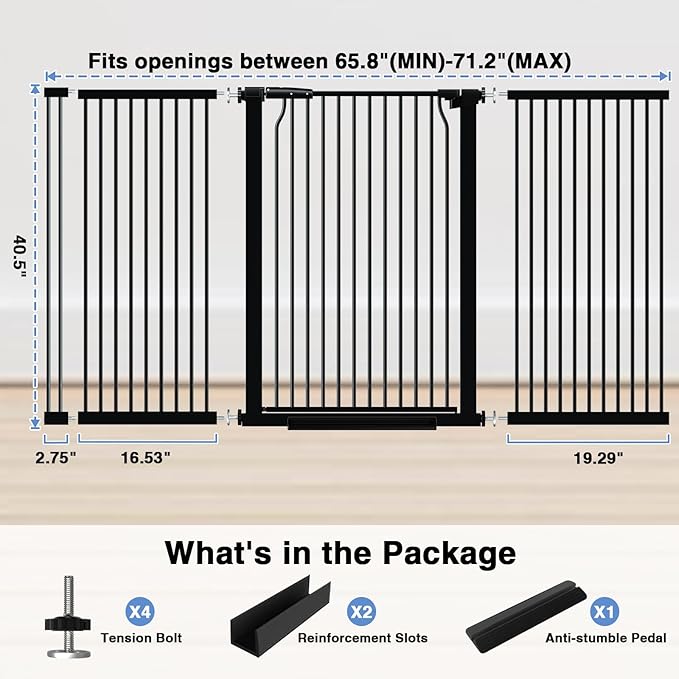 40.55" Extra Tall Baby Gate for Stairs-65.8"-71.2" Wide 1.37" Ultra Narrow Spacing Extra Wide Pet Cat Gate Dog Gate-Auto-Close Pressure Mounted Dog Door for Pets and Kids,Black