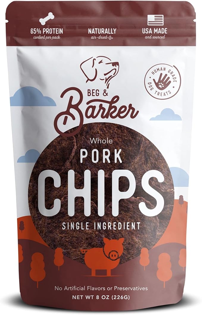 Beg & Barker Pork Chips for Dogs (8 Ounce, Pack of 1) - Single Ingredient Dog Treats Made for Large & Small Dogs Protein Human Grade Dog Treats Made from Real Meat Pork, Made in USA