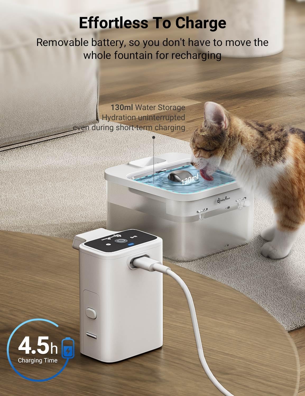 DownyPaws Battery Operated Cat Water Fountain Stainless Steel, 84oz/2.5L Fursink Wireless Pet Water Fountain for Cats Inside, Automatic Dog Water Dispenser with Faucet, Quiet Pump, BPA-Free, White