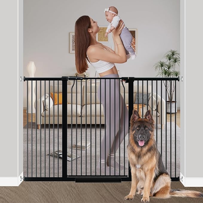 40.55" Extra Tall Baby Gate for Stairs-54.8"-60.2" Wide 1.37" Ultra Narrow Spacing Extra Wide Pet Cat Gate Dog Gate-Auto-Close Pressure Mounted Dog Door for Pets and Kids,Black