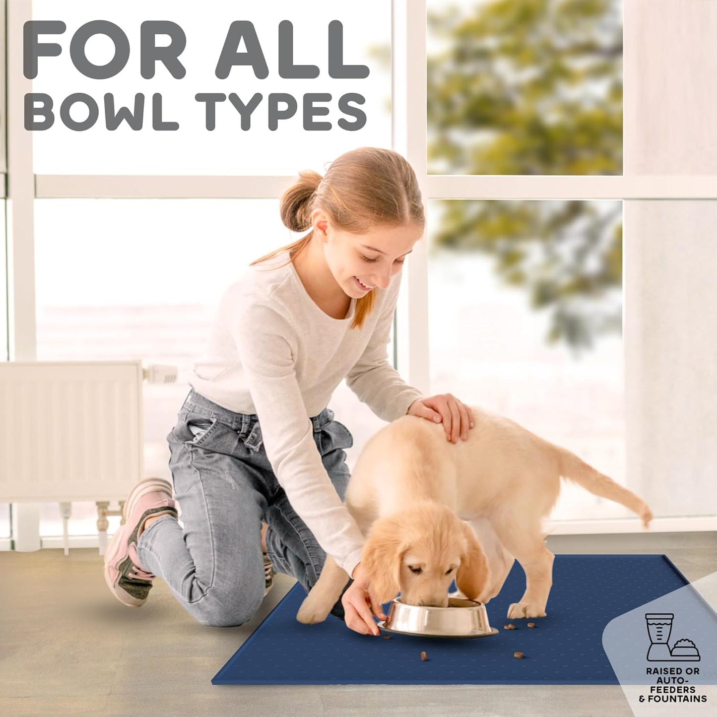 Dog Food Mat - 24x15 Raised Edges Dogs Mat for Food and Water Prevent Spill, Waterproof Cat Food Mats Protect Floors, Easy Clean Dog Bowl Mats for Food and Water, Silicone Pet Feeding Placemats Navy