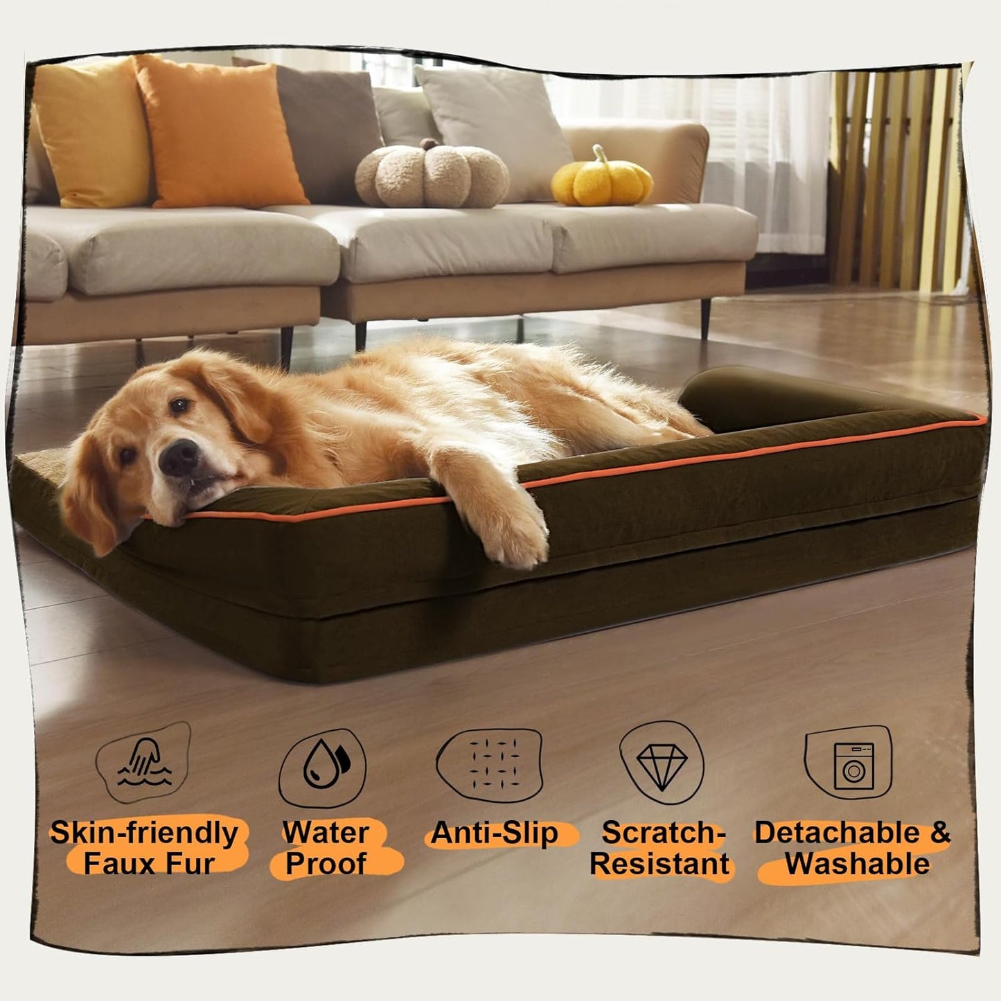 Dog Bed Medium Size Dog-Orthopedic Waterproof Bed for Dogs,Foam Couch Sofa with Washable Removable Cover & Non-Slip Bottom-Brown