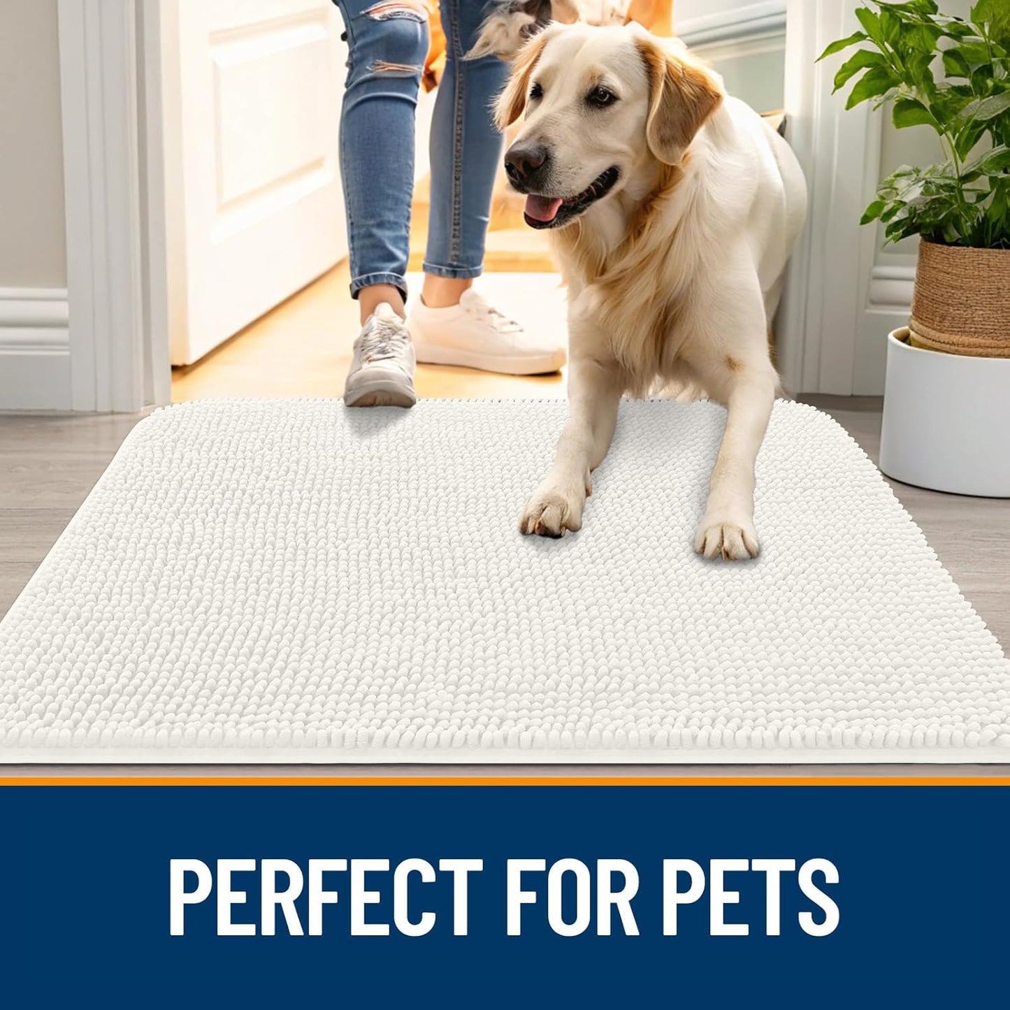 OLANLY Dog Door Mat for Muddy Paws 34x21, Absorbs Moisture and Dirt, Absorbent Non-Slip Washable Doormat, Quick Dry Chenille Mud Mat for Dogs, Entry Indoor Entryway Carpet for Inside Floor, Ivory