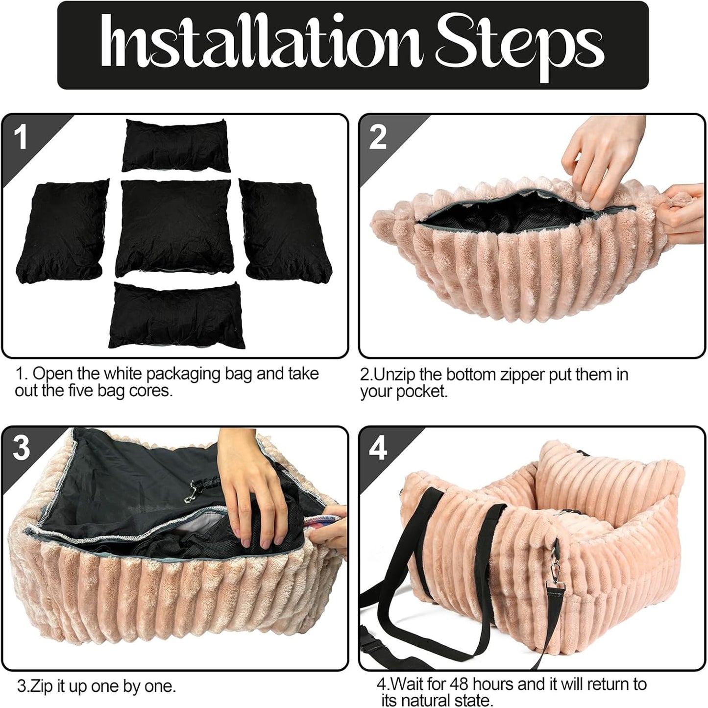 Dog Car Booster Seat, for Small Dogs Under 30 lbs, Detachable Washable Travel Bed with Storage Pockets and Safety Belt (Pink, Medium)