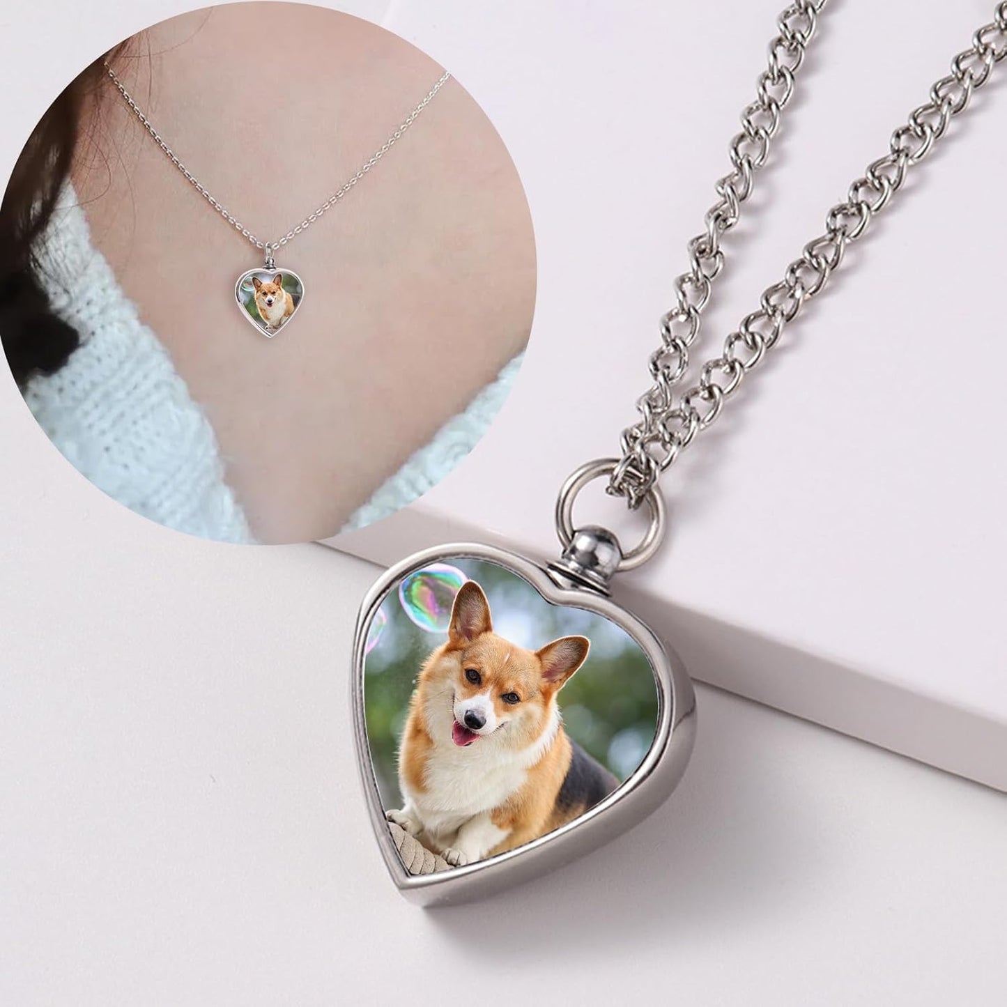 Custom Ashes Necklace Pet Memorial Gift with Photo Text,Personalized Dog/Cat Cremation Jewelry Keepsake.Double-sided customized heart-shaped pendant urn necklaces for dog cat lover Women and Men